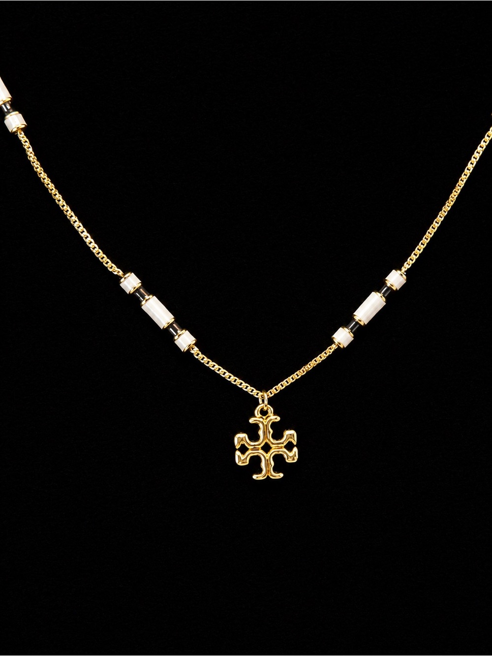 Tory Burch Gold Logo Pendant Necklace with White and Black enamel Accents - Picture 2 of 2